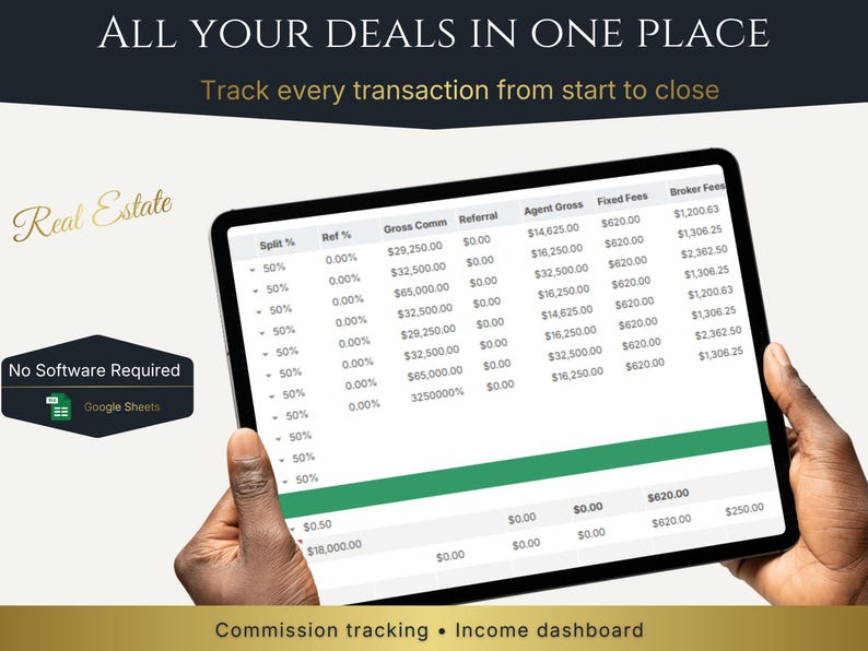 Income Tracker for Realtors: real estate KPI dashboard on Google Sheets with real-time earnings and commission tracking.