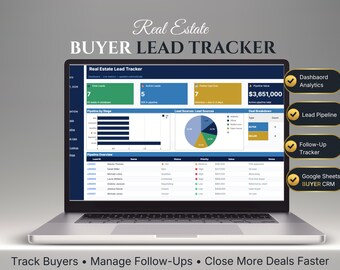 CRM de seguimiento de clientes potenciales para compradores de bienes raíces, panel de control de flujo de trabajo de Hojas de cálculo de Google (descarga digital)