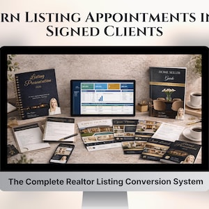 Può includere: Uno schermo di computer mostra vari materiali di marketing immobiliare, tra cui un taccuino intitolato "Listing Presentation", un tablet con grafici e brochure. Il testo in alto recita "TURN LISTING APPOINTMENTS INTO SIGNED CLIENTS". Il testo in basso dice "The Complete Realtor Listing Conversion System."