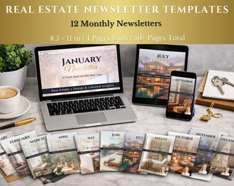 Paquete de boletines informativos inmobiliarios de 12 meses / Plantilla de boletín informativo de marketing para agentes inmobiliarios / Editable en Canva / Más de 50 páginas