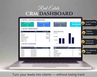 Panel de CRM para agentes inmobiliarios: Seguimiento de clientes potenciales y cartera de clientes en Hojas de Cálculo de Google (Plantilla editable)