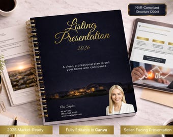 Plantilla de presentación de anuncios inmobiliarios / Presentación de Canva para el vendedor / Kit de marketing para agentes inmobiliarios 2026