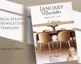 Boletín inmobiliario 2026 / Plantilla Canva para agentes inmobiliarios de enero / Marketing de lujo para agentes