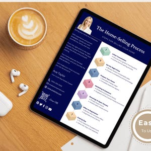 May include: A digital tablet displays a real estate guide titled "The Home-Selling Process." The guide outlines steps with hexagonal icons. A cup of coffee, wireless earbuds, and a charging case sit on a wooden surface.