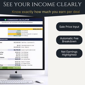 Income Tracker for Realtors: real estate KPI dashboard on Google Sheets with real-time earnings and commission tracking.