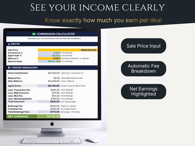 Income Tracker for Realtors: real estate KPI dashboard on Google Sheets with real-time earnings and commission tracking.