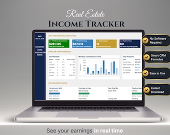 Hoja de cálculo para el seguimiento de ingresos inmobiliarios / Hoja de cálculo de Google para el seguimiento de comisiones y ganancias de agentes inmobiliarios / Plantilla de panel de ventas