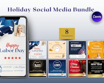 Plantillas de redes sociales para agentes inmobiliarios en vacaciones: Kit de marketing inmobiliario editable de Canva