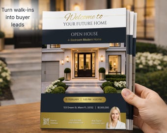 Folleto de puertas abiertas para agentes inmobiliarios, folleto inmobiliario, plantilla de Canva, marketing imprimible