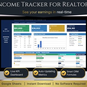 Income Tracker for Realtors: real estate KPI dashboard on Google Sheets with real-time earnings and commission tracking.