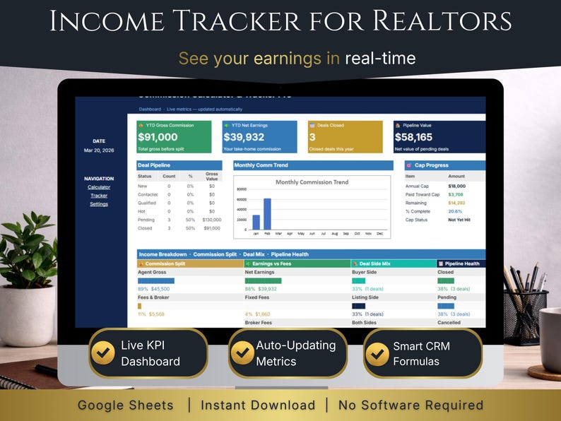Income Tracker for Realtors: real estate KPI dashboard on Google Sheets with real-time earnings and commission tracking.