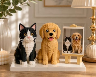 Individuelle Legofigur nach Foto, personalisierte Legofigur mit Haustier, individuelle Mini-Bausteinfigur, einzigartiges Geschenk für Paare, Familien und Tierliebhaber