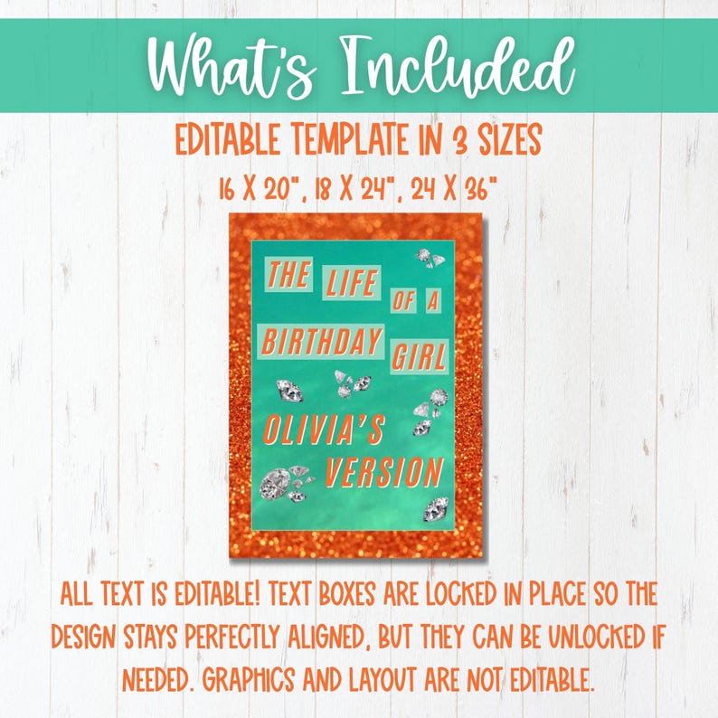 Digital download includes Canva link and instructions for editable birthday welcome sign template – available in three printable sizes.