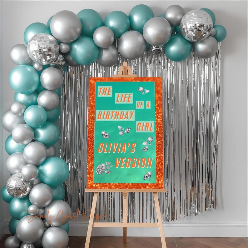 Printable birthday party welcome sign mockup displayed in a white frame on an easel, featuring ‘The Life of a Birthday Girl’ design with teal, glitter, and diamond details.