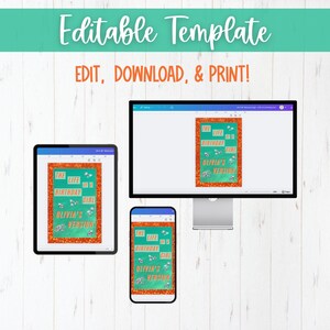 Editable Canva birthday welcome sign template displayed on laptop, tablet, and phone screens for easy customization.