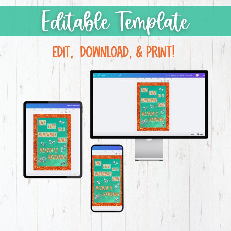Editable Canva birthday welcome sign template displayed on laptop, tablet, and phone screens for easy customization.