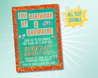 The Birthday of a Showgirl | Birthday Party Invitation Template | All Text Editable | Instant Download