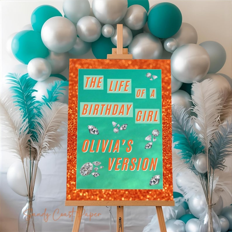 Showgirl-inspired birthday welcome sign design with bold teal center, sparkling diamonds, and glitter border – editable Canva template.