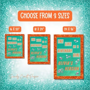 Editable birthday welcome sign template shown in three sizes – 16x20, 18x24, and 24x36 inches – perfect for birthday party decorations.