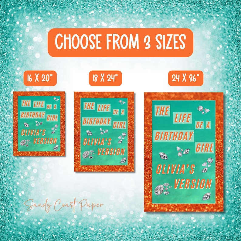 Editable birthday welcome sign template shown in three sizes – 16x20, 18x24, and 24x36 inches – perfect for birthday party decorations.