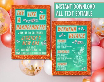 Bachelorette Party Invitation | Teal & Glitter Showgirl Theme | Editable Canva Template | Printable Bachelorette Weekend Invite
