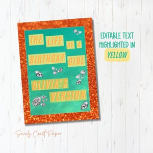 Birthday sign Canva template with editable text boxes highlighted in yellow, showing customizable wording options.