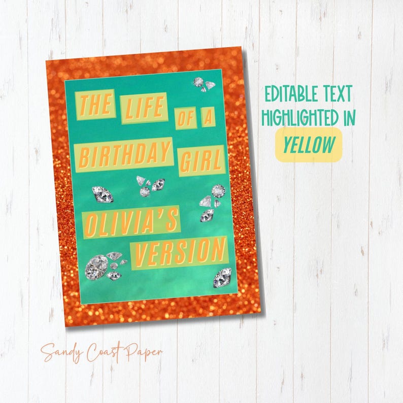 Birthday sign Canva template with editable text boxes highlighted in yellow, showing customizable wording options.