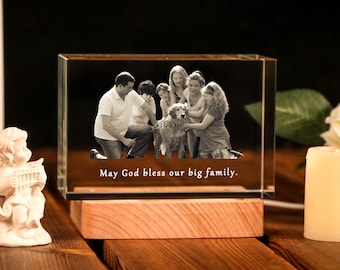Personalized 3D Crystal Photo with Light Base, Custom Laser Etched Glass Picture Gift for Women Men Anniversary Birthday Memorial Pet Lover