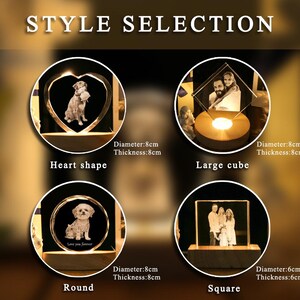May include: Image showcasing four illuminated crystal photo displays in heart, large cube, round, and square shapes. Each display features a personalized photo and is mounted on a wooden base. The text "STYLE SELECTION" is at the top.