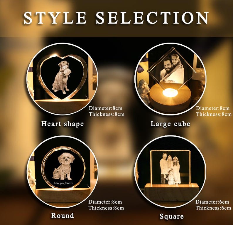 May include: Image showcasing four illuminated crystal photo displays in heart, large cube, round, and square shapes. Each display features a personalized photo and is mounted on a wooden base. The text "STYLE SELECTION" is at the top.