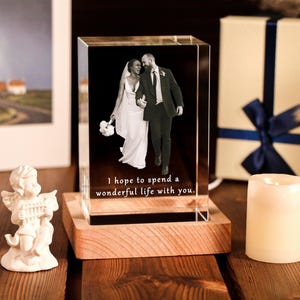 Personalized 3D Crystal Photo Cube with Light Base,Custom Laser Engraved Etched Picture Crystal Brick Cube,Anniversary Keepsake Gift for him