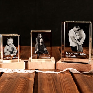 Personalized 3D Crystal Photo with Light Base, Custom Laser Etched Glass Picture Gift for Women Men Anniversary Birthday Memorial Pet Lover