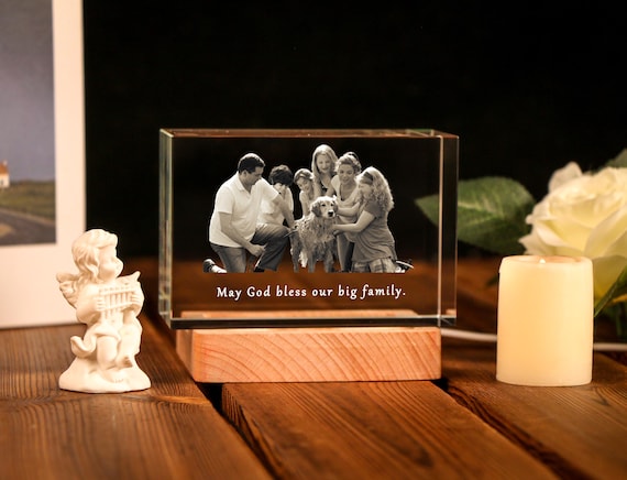 Personalized 3D Crystal Photo with Light Base, Custom Laser Etched Glass Picture Gifts for Anniversary Birthday Memorial Pet Lover