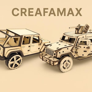 May include: Two wooden model vehicles, a jeep and a military-style truck, are displayed. The jeep has an open top and spare tire. The truck features a gun turret. The word CREAFAMAX is at the top.