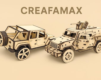 May include: Two wooden model vehicles, a jeep and a military-style truck, are displayed. The jeep has an open top and spare tire. The truck features a gun turret. The word CREAFAMAX is at the top.