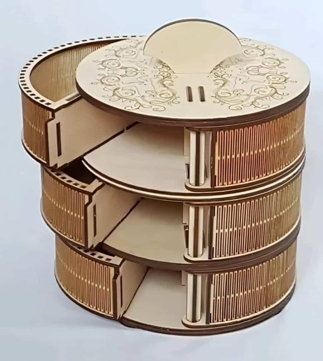 Rotating Wooden Jewelry Box – Round Drawer Organizer – Laser Cut File ...