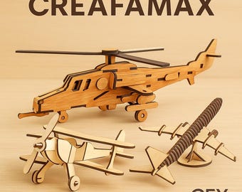 May include: Wooden model airplane kits, including a helicopter, biplane, and two other aircraft. The models are made of light brown wood with dark brown accents. The word CREAFAMAX is at the top, and CFX is at the bottom.