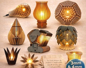 Wooden Chandeliers – Set of 8 Models – Laser Cut Files SVG DXF – 3D Lamps 3–4mm