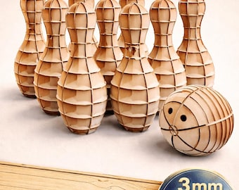 3D Wooden Bowling Set – Pins and Ball – Laser Cut File SVG DXF LightBurn – 3mm & 4mm
