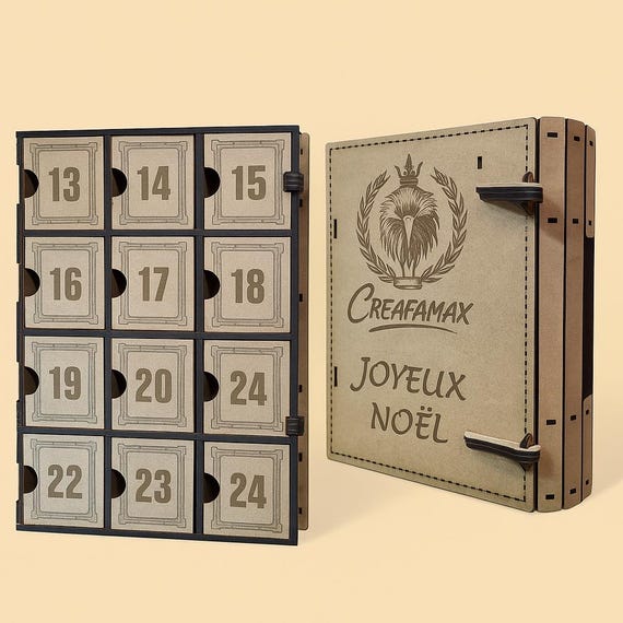 開く本の形をした木製アドベントカレンダー - カスタマイズ可能な