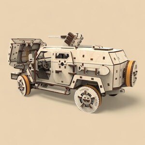 May include: A wooden model of a military vehicle with a light brown and tan color scheme. The model features intricate details, including a gun turret, wheels, and a spare tire. The wheels have a light orange accent. The word "FANTOM" is visible on the wheel.