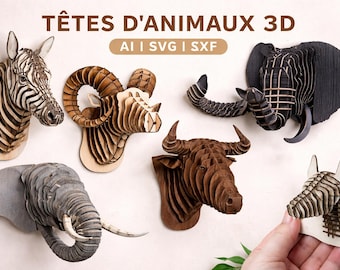 9 Animal Head 3D Laser Cut Files SVG DXF LBRN Wall Decor Wooden Trophy Horse Bull Elephant Dog Goat Antelope