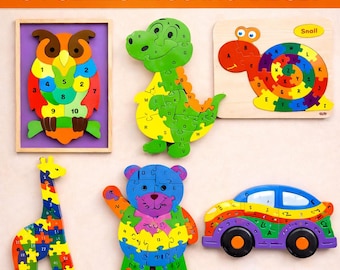 6 Kids Wooden Puzzle Bundle – SVG DXF Laser Cut Files – Alphabet Numbers Animals – Educational Toys DIY