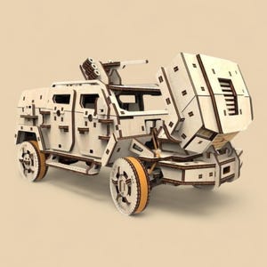 May include: A wooden model of a military vehicle with a light beige finish. The model features detailed cutouts, including wheels with orange accents, a turret, and an open hood. The vehicle is designed with intricate wooden pieces.