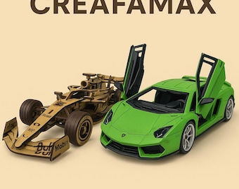 May include: Two toy cars: a wooden Formula 1 race car and a green Lamborghini with open doors. The wooden car is tan with dark brown wheels. The green car has white wheels and black accents. The word CREAFAMAX is at the top.