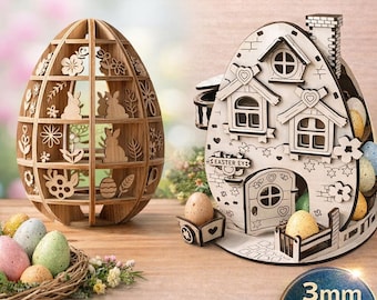 2 Easter Laser Cut Files SVG DXF LBRN 3D Egg + Easter House Wooden Decoration LightBurn