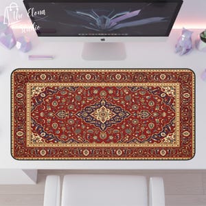 Alfombra de escritorio XL inspirada en Lebowski / Alfombrilla de ratón con estética persa vintage / Decoración de oficina bohemia roja ornamentada / Alfombrilla de juego retro grande
