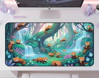 Betoverde rode pandabos bureauonderlegger XL | Gamingmuismat Kawaii Woodland Animals | Pastelkleurige waterval fantasie illustratie