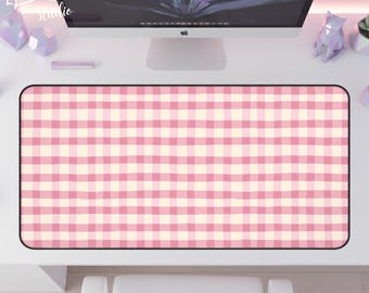 Pink Gingham Pattern Desk Mat XL | Pastel Checkerboard Keyboard Pad | Cute Kawaii Aesthetic Gaming Setup Decor