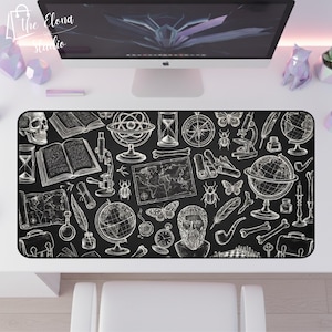 Antike Wissenschaft Skizzen Schreibtischmatte XL | Dark Academia Mauspad | Kabinett der Raritäten Gothic Decor